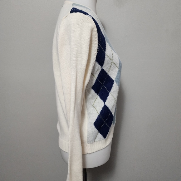 Love Tree Ivory & Blue Argyle Knit Cardigan Size Large - Picture 3 of 7